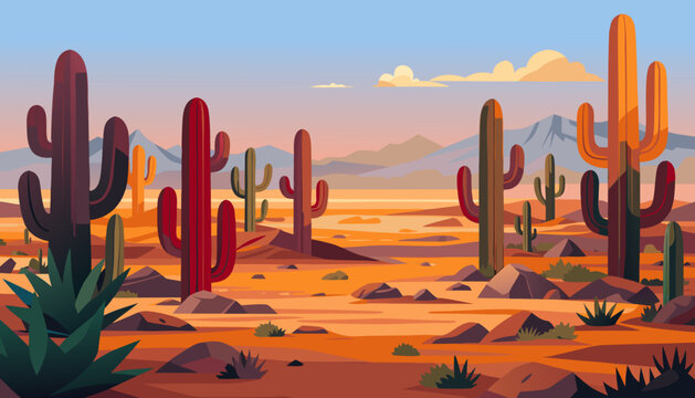 vector, desert, cordillera, cacti, succulents, clouds, rocks, sand, sandstone, mountains, bushes, grass, shadow, panorama, banner, postcard, scenery, Mexico, romance, adventure, western, nature