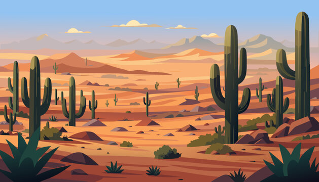vector, desert, cordillera, cacti, succulents, clouds, rocks, sand, sandstone, mountains, bushes, grass, shadow, panorama, banner, postcard, scenery, Mexico, romance, adventure, western, nature