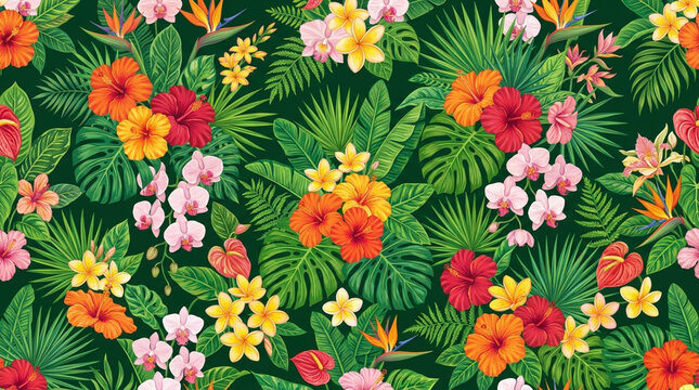 Tropical floral seamless pattern with exotic hibiscus and orchids