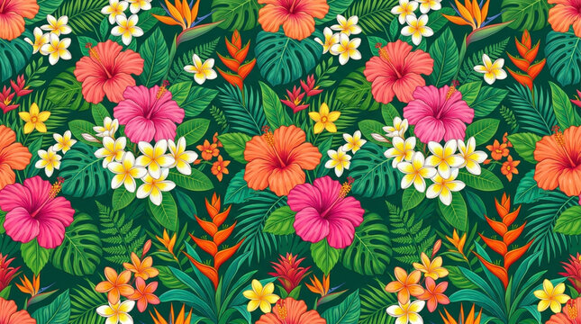 Tropical floral seamless pattern with hibiscus and exotic leaves