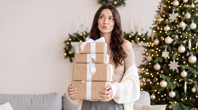 Woman holding stacked Christmas gift boxes in cozy living room with decorated tree and festive lights in the background
