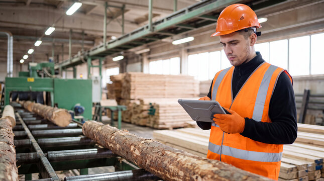 Worker inspecting timber logs on a tablet inside a lumber mill, with stacks of processed wood visible in the background