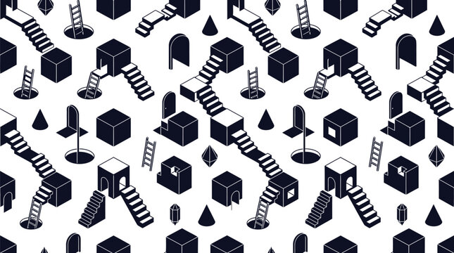 Isometric vector illustration featuring endless stairs and geometric shapes in a seamless black white pattern