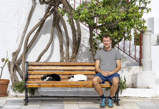 Young man sitting on a bench with sleeping cats, Panagia Tourliani Monastery, Ano Mera, Mykonos, Cyclades, Greece