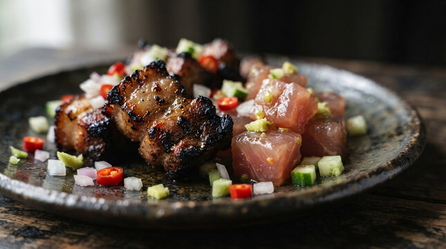Grilled pork belly with fresh tuna cubes, cucumber, onion and chili presented as a savory tropical fusion dish.