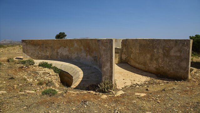 Abandoned concrete walls in dry environment, Lost Place, Air Defence Position, Aerophone, Parabolic Acoustic Mirror, Patella Mountain, WW2, west of Lakki, Leros, Dodecanese, Greek Islands, Greece