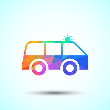Polygonal rainbow ambulance car icon for healthcare and emergency services design.