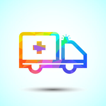 Geometric low poly medical ambulance truck icon representing urgent healthcare care.