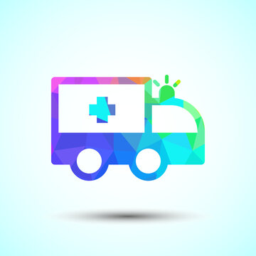 Vibrant polygonal medical truck icon with cross and siren for hospital emergency.