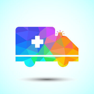 Colorful geometric ambulance icon with medical cross for emergency health design.