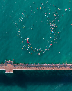 Aerial view of surfers forming a large circle in the turquoise ocean water next to a wooden pier with people walking along it in Orange County, California, United States.