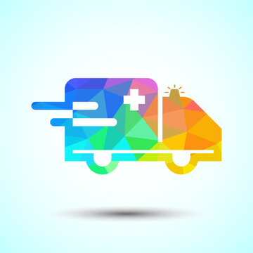 Abstract rainbow ambulance service truck icon symbolizing fast emergency delivery.