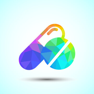 Colorful geometric capsule and pill symbol representing pharmacy store or clinic.