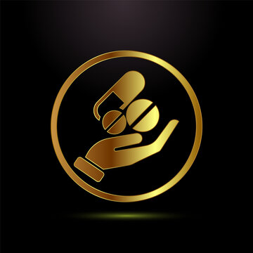 Hand holding capsule and two pills icon in golden gradient circle frame.