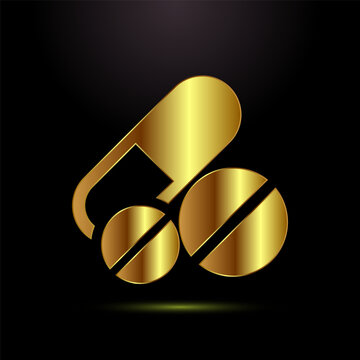 Capsule and two pills icon in golden gradient isolated on black background.
