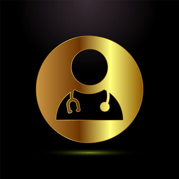 Doctor icon with stethoscope in golden circle, medical professional symbol.