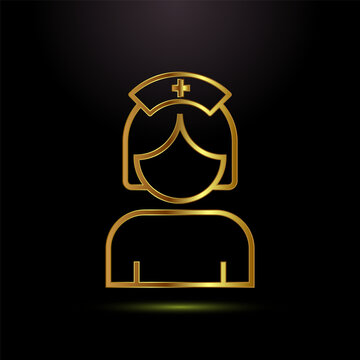 Golden outline nurse icon, medical worker symbol on isolated black background.