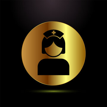 Nurse icon in golden circle, healthcare worker symbol on black background.