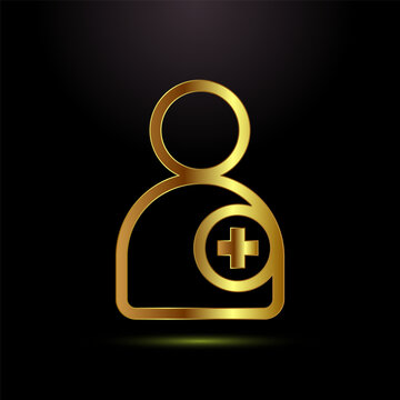 Add patient icon with cross symbol in golden outline, medical record adding.