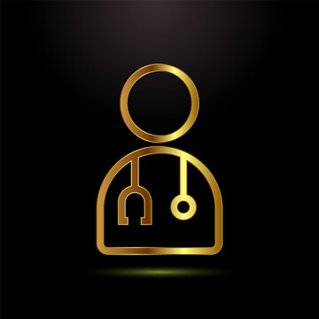 Golden doctor silhouette icon with stethoscope outline for medical health care logo.