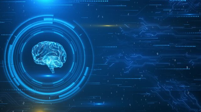 Digital brain rests circular blue HUD circuit grids symbols. artificial intelligence, neuroscience, machine learning, medical research, cognitive computing, analytics, innovation 19 explainers