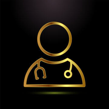 Golden doctor silhouette icon with stethoscope outline for medical health care logo.