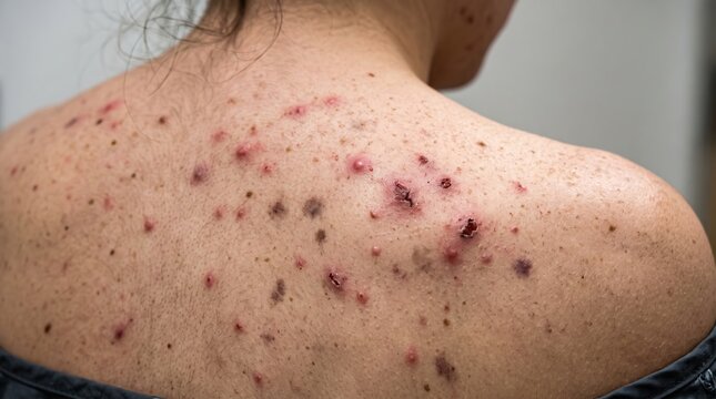 Close up view of severe back acne lesions and hyperpigmentation scars on skin
