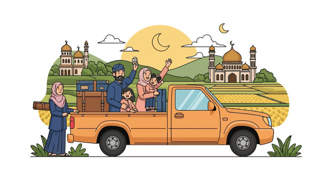 Family traveling in pickup truck for Eid mudik homecoming.