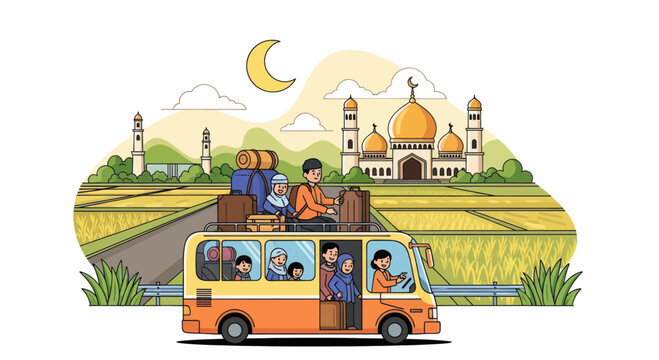 Muslim family traveling by bus for Eid holiday celebration