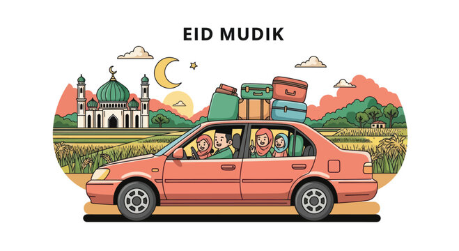 Family driving car for Eid Mudik tradition.