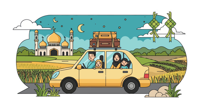 Yellow car carrying family for Eid holiday homecoming journey.