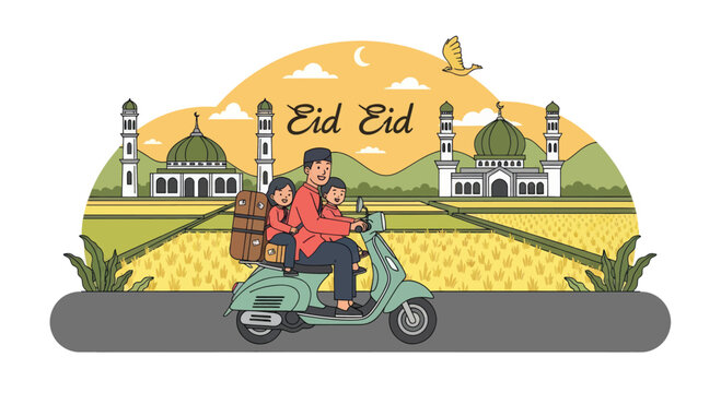 Muslim family riding scooter for Eid homecoming mudik trip.