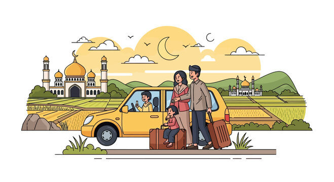 Family arriving at destination for Eid celebration trip