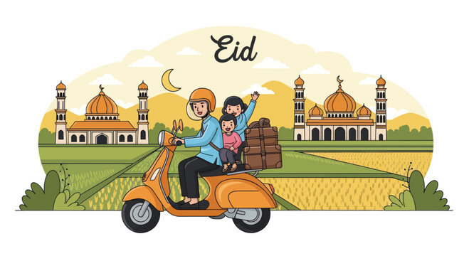 Muslim family riding scooter for Eid homecoming journey.