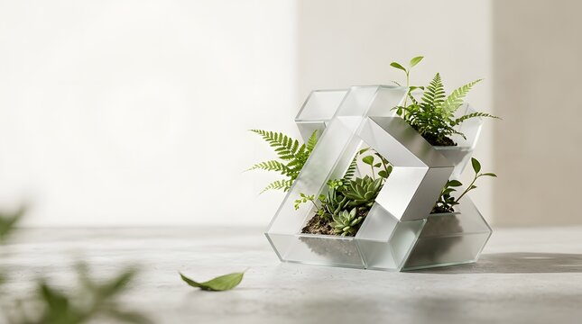 Minimalist interior with glass vases and fresh green plants near a bright window