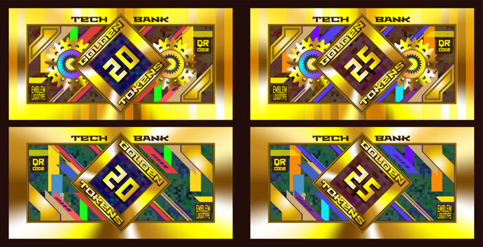 Vector set of abstract banknotes. Denominations, 20 and 25 gold tokens. Twenty and twenty five. Golden bills. Tech bank. Futuristic money. Collection and hobby. Gradient notes. Game finance, business