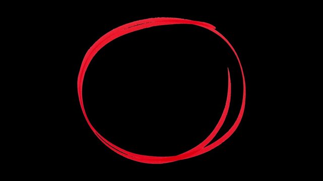 Hand drawn red circle highlight stop motion isolated on black background.