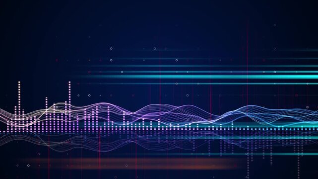 Colorful neon sound waves digital canvas glowing equalizer bars reflected trails. music visualizers, podcasts, audio technology, radio shows, DJ performances, streaming platforms, concerts rhythm