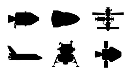 Spacecraft Silhouettes: Rocket, Shuttle, Lander, Satellite Icons for Cosmic Exploration © Nidhi