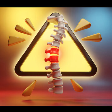 3D medical illustration of a human spine with red painful vertebra inside a glowing yellow warning triangle symbol for back health.