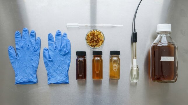 Laboratory still life with glass pipette, ion-exchange resin pellets, nitrile gloves, sample vials and pH meter on stainless workbench