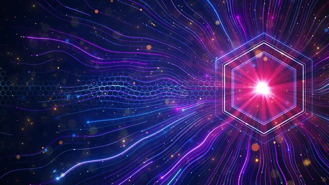 Neon lines surge glowing hexagon particles and a radiant burst powerful digital portal. artificial intelligence, cybersecurity, blockchain, quantum technology, gaming intros and innovation themes.