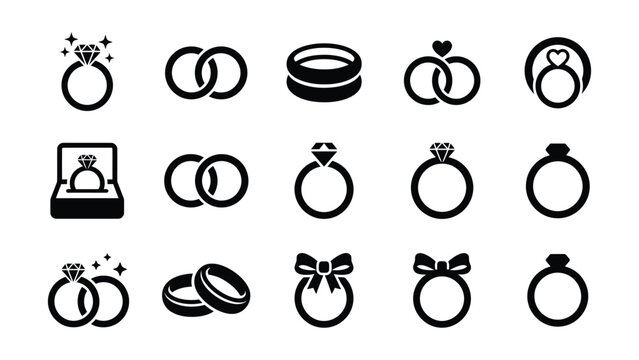 Collection of elegant black and white engagement wedding ring icons with designs