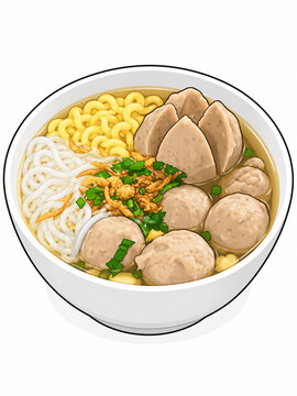 Indonesian meatball noodle soup bakso bowl with broth illustration