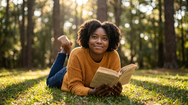 Young woman reading a book on grass in a sunny forest for education and peaceful outdoor leisure