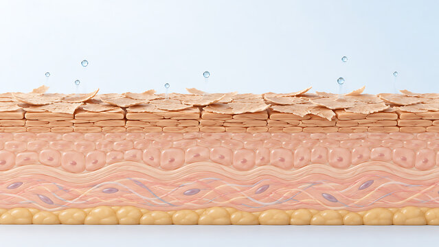 Dry human skin cross section with flaky cracked surface and moisture escaping upward, representing dehydration, transepidermal water loss and weakened skin barrier.