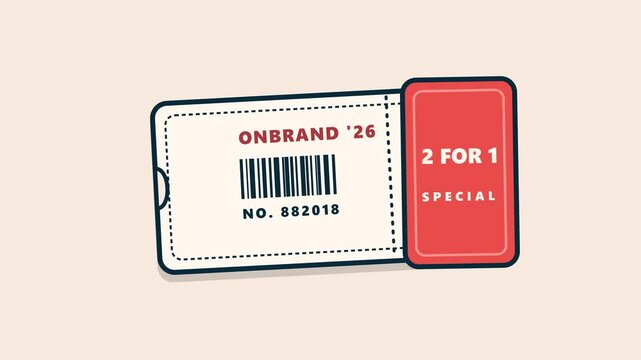 Animated event ticket with a detachable perforated coupon transforming into a 2 for 1 promotional offer in a clean editorial vector style, scaled up 3x for a dominant hero presentation.