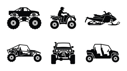 Off-Road Vehicle Icons: Monster Truck, ATV, Snowmobile, Dune Buggy, Jeep, UTV Set © Samanta