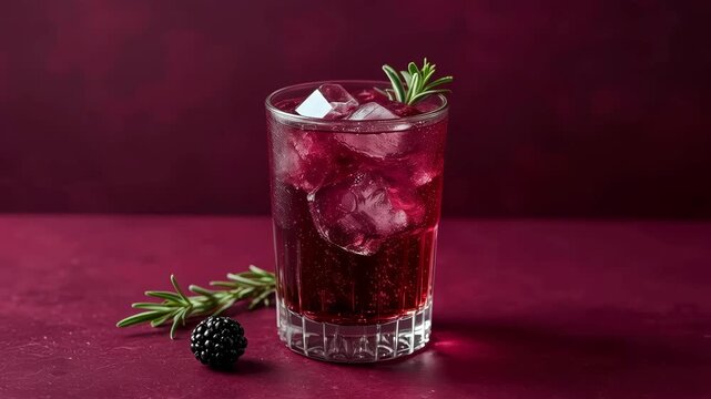 Cranberry Blackberry Cocktail Drink with Rosemary Ice in Glass on Burgundy Table