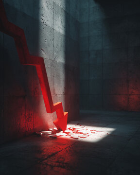 Red downward arrow in dark concrete room symbolizing market crash